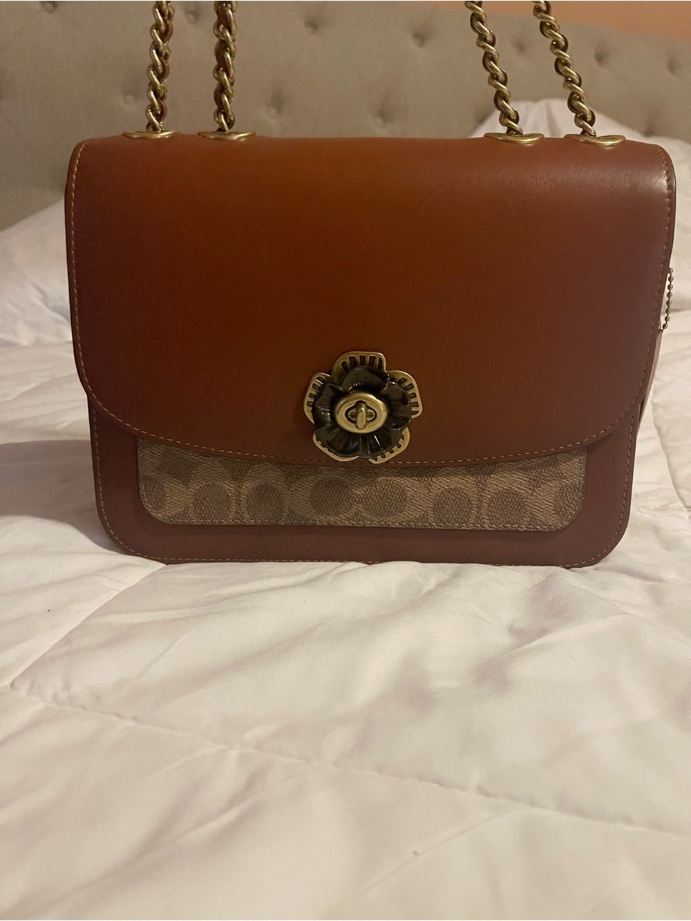Coach Brown Leather Shoulder Bag with Floral Turnlock